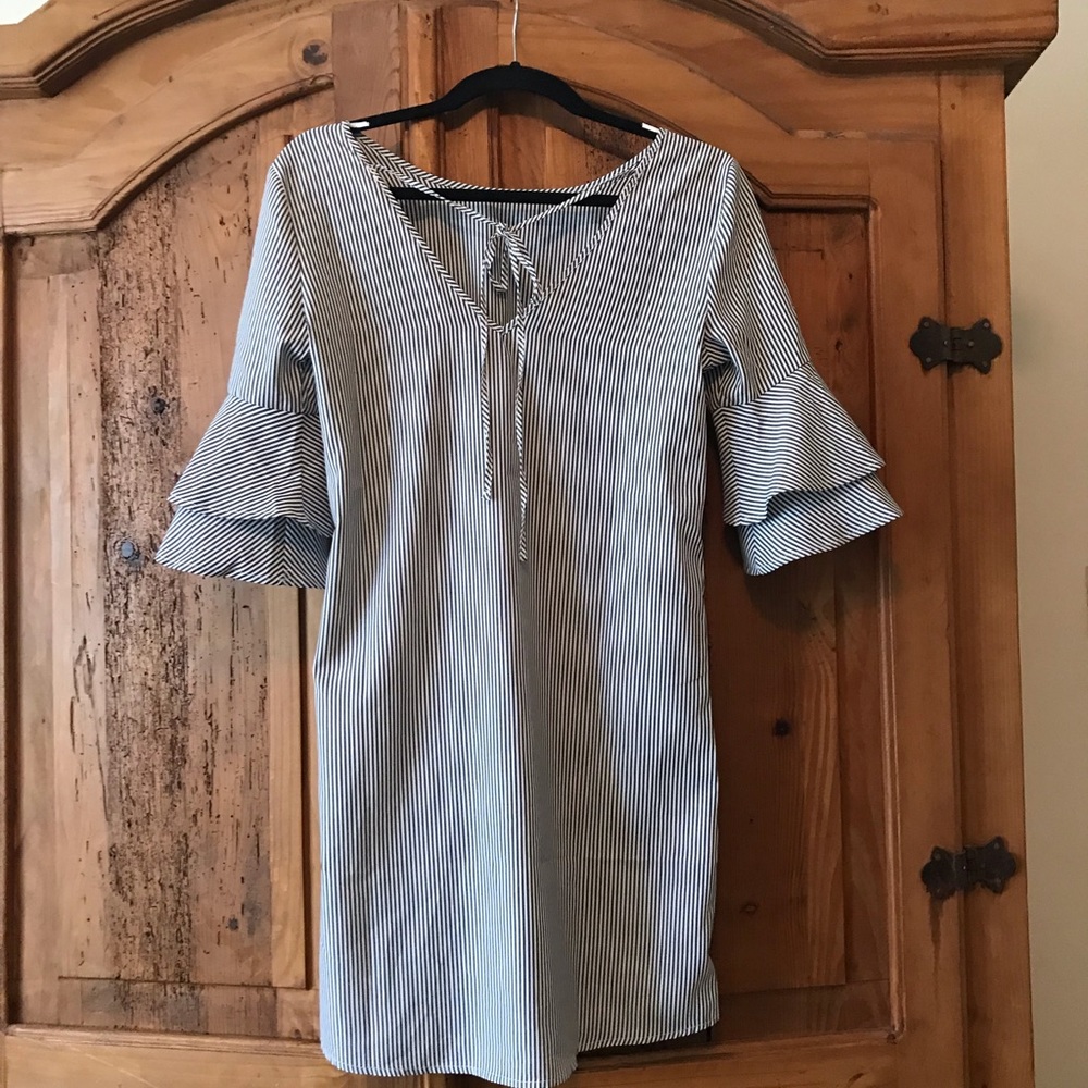 Grey and white striped flutter sleeve dress